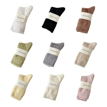 Женские японские пушистые Плюшевые носки-тапочки, однотонные теплые утепленные Зимние Мягкие Домашние носки для сна - Изображение 1  