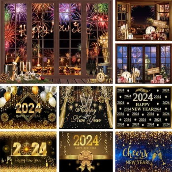 Новогоднее украшение 2024 года Фон для окна Новогодние Баннеры Ночная вечеринка Шампанское Фейерверк Фоновый Реквизит для фотосъемки Фотозона - Изображение 1  