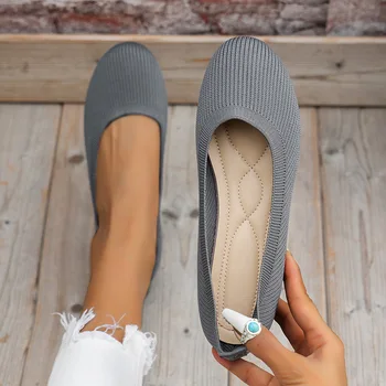 Повседневная обувь для женщин, вязаные тонкие туфли-лодочки без застежки, дышащие женские лоферы из ткани с круглым носком, большие размеры, 2024 г. - Изображение 1  