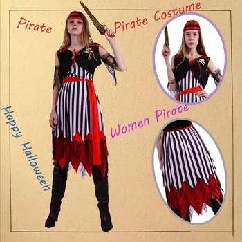 Костюм пирата для взрослых, женская ролевая игра, пиратская одежда в черно-белую полоску, костюм для вечеринки на Хэллоуин - Изображение 1  