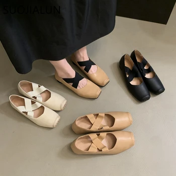 SUOJIALUN / Осень 2023, Новая брендовая женская обувь на плоской подошве, модные женские туфли Mary Jane с квадратным носком, мягкие повседневные балетки без застежки на мелкой подошве - Изображение 1  