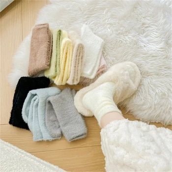 Женские японские пушистые Плюшевые носки-тапочки, однотонные теплые утепленные Зимние Мягкие Домашние носки для сна - Изображение 2  