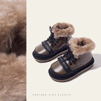 Зимние новые детские зимние ботинки, детские меховые ботинки Chukka, брендовые ботильоны для маленьких девочек, теплые кожаные ботинки для мальчиков, водонепроницаемая платформа - Изображение 2  