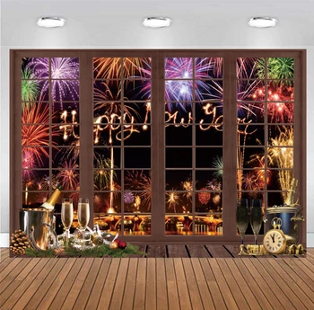 Новогоднее украшение 2024 года Фон для окна Новогодние Баннеры Ночная вечеринка Шампанское Фейерверк Фоновый Реквизит для фотосъемки Фотозона - Изображение 2  