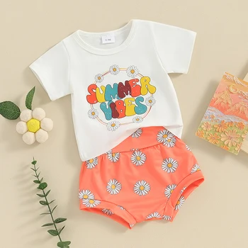 Летняя одежда для маленьких девочек из 2 предметов, топы с короткими рукавами и принтом в виде ромашки, шорты, комплект детской одежды - Изображение 2  