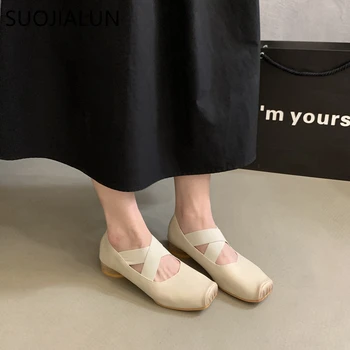 SUOJIALUN / Осень 2023, Новая брендовая женская обувь на плоской подошве, модные женские туфли Mary Jane с квадратным носком, мягкие повседневные балетки без застежки на мелкой подошве - Изображение 2  