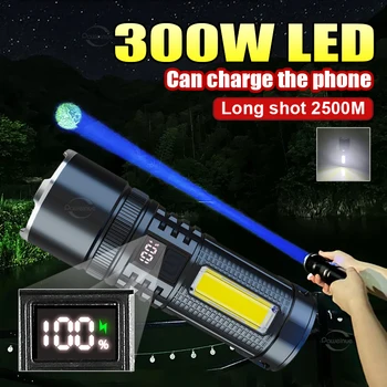 Белый лазерный фонарик мощностью 300 Вт, COB, мощный светодиодный фонарик, USB, перезаряжаемый Встроенный аккумулятор с дисплеем питания - Изображение 1  
